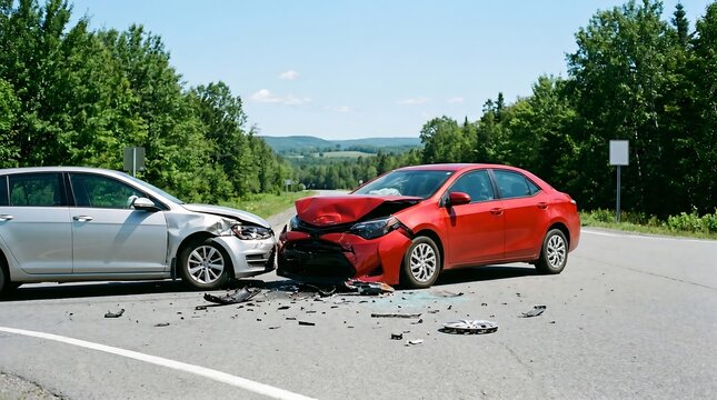 Two cars crashed on a road with debris scattered around  accident scene on highway