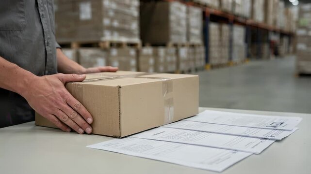 Focused view on packaged goods being examined next to contract specifications while the surrounding storage area remains soft and blurred.