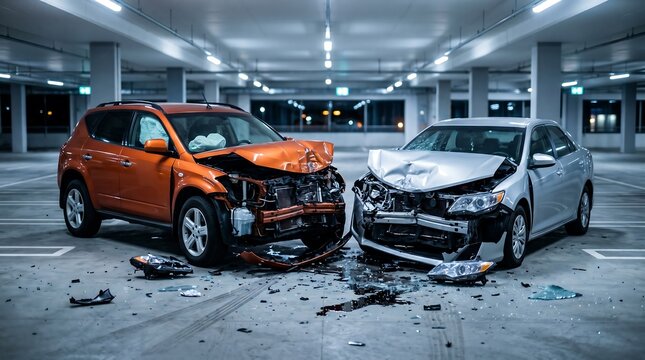 Two crashed cars with damaged front bumpers in parking garage accident scene
