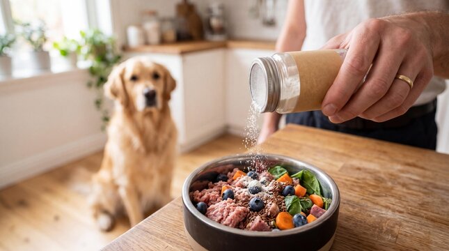 Adding probiotic powder topper to raw dog food bowl in the kitchen