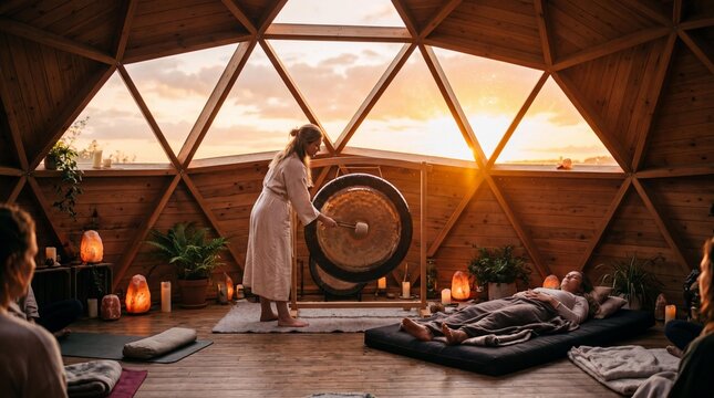 Woman playing gong for sound bath meditation inside a wooden dome at sunset.