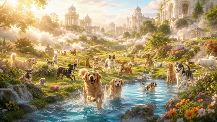 Naklejka premium Heavenly Reunion: Dogs Embracing Eternal Love in a Spiritual Paradise