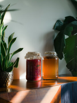Kombucha and sauerkraut fermenting in jars at home 