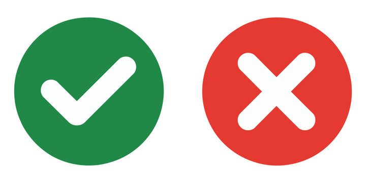Sharp green checkmark and red cross icons on isolated white background for right and wrong choices in modern flat design vector illustration.