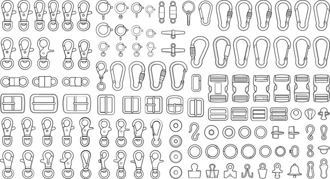 Carabiner clips and plastic buckles outline vector icon set, bag strap accessories hardware illustration collection