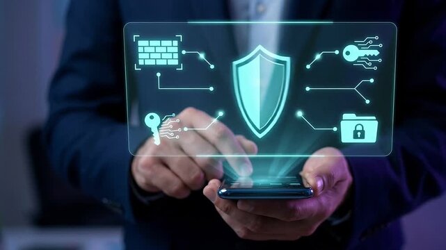 Cybersecurity and Mobile Data Protection Concept: Floating Neon Cyan Holographic Security Dashboard with Shield, Firewall, and Locked Folder Icons