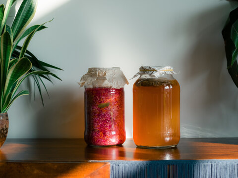 Process of fermenting sauerkraut and kombucha at home