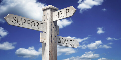Fototapeta premium Support, Help, Advice - Wooden Signpost with Three Arrows - 3D illustration