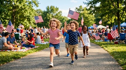 Naklejka premium Children running with american flags at outdoor july fourth celebration in park.