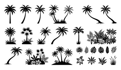 Palm Trees Tropical Island Silhouette Collection Vector Illustration Set © MstNadiya