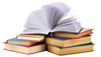 Fototapeta premium Isolated stack of vibrant multicolored books with an open book on top showing fanned pages.