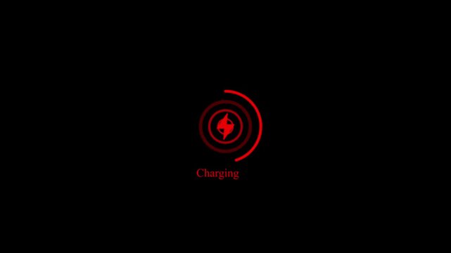 Charging progress animation with electric power icon on black background, circular loading indicator, energy recharge technology and bright symbols related to battery status.