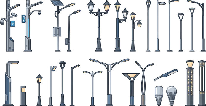 Street light poles and smart city lamps vector set, modern outdoor public lighting illustration collection