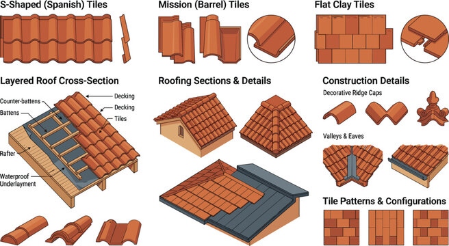 Clay roof tiles types and construction details vector set, layered roofing cross-section diagram collection