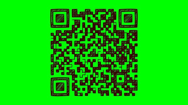 Hand drawn qr code animation with a flashing red light effect over a green screen chroma key background for video editing and tech concept