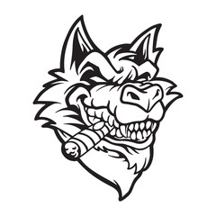 Fototapeta premium Aggressive wolf character smoking a cigar mascot logo design