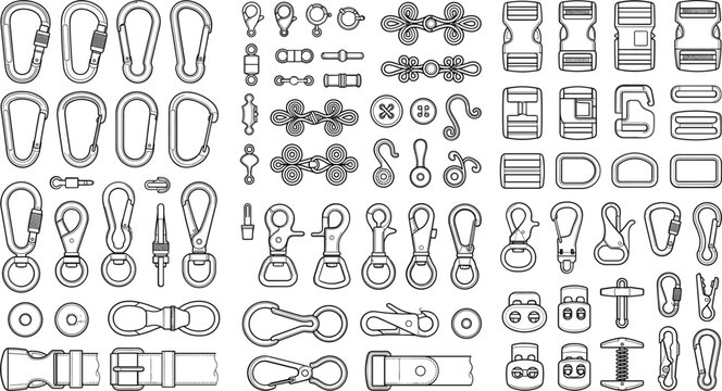Carabiner clips and plastic buckles outline vector icon set, bag strap accessories hardware illustration collection