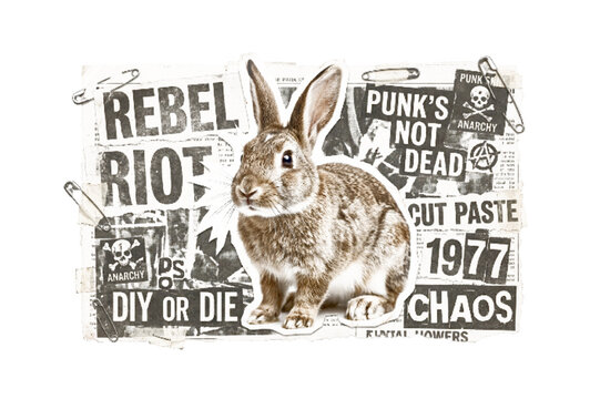 Rebel rabbit on white background with punk rock elements and text