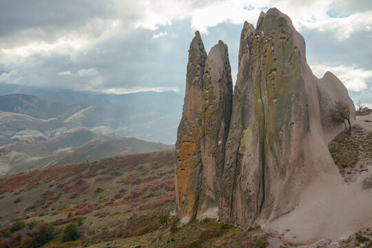 Rocky Landmark Rise Tall Against a Cloudy Sky Near in Patagonia