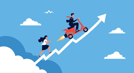Fototapeta premium Business professional riding a rocket powered scooter up a rising arrow while a woman follows him representing fast growth.