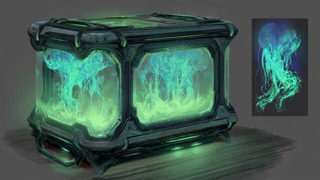 Glowing geometric puzzle box design, mystical artifact illustration on dark background
