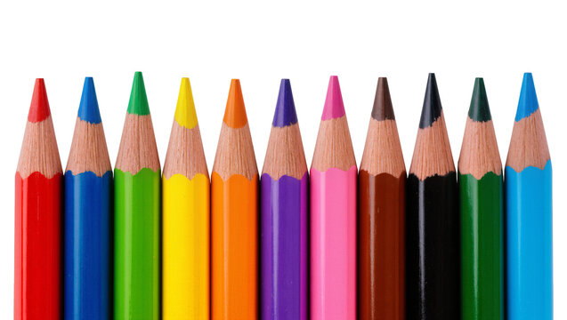 Isolated row of sharp colorful pencils in a vibrant spectrum, art supplies for creativity
