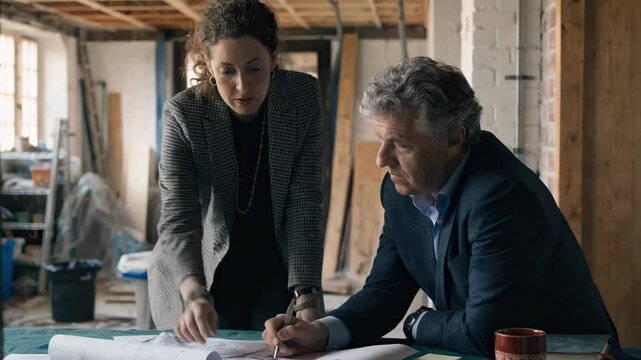Interior restoration coordinator reviewing repair plans with adjuster key figures clear and background workspace softly out of focus.