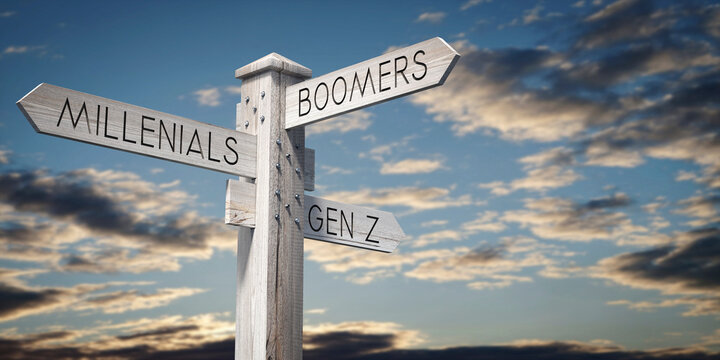 Millenials, Boomers, Gen Z - Wooden Signpost with Three Arrows - 3D illustration