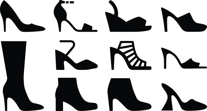 Women High Heel Shoes Silhouette Collection Featuring Fashion Footwear Icons, Elegant Stiletto Designs, Boots, Sandals, and Vector Set