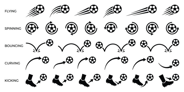 Soccer ball motion path bundle with individual sports spin bounce curve flight kick vector illustration graphic set