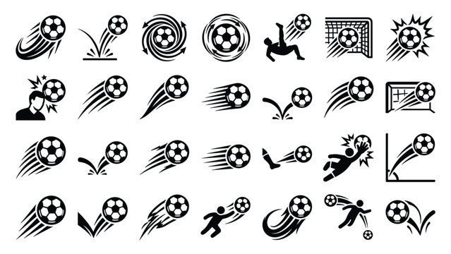 Soccer match gameplay icon set with player kick header goalkeeper save sport game bounce effect vector illustration