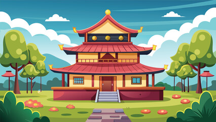Fototapeta premium Vector illustration of a Chinese pagoda surrounded by lush countryside scenery