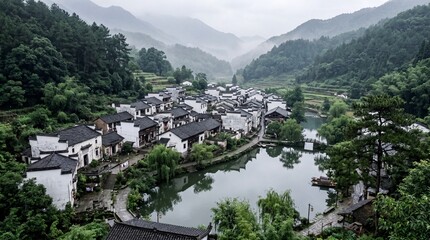 Fototapeta premium Traditional chinese village with pond in misty mountains