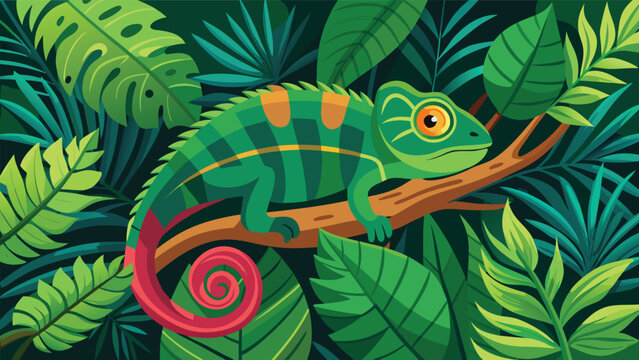 Colorful vector art depicting a chameleon camouflaged among dense jungle plants and leaves
