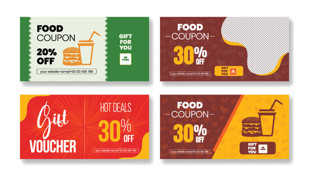 Food sale Gift voucher and discount coupon template, restaurant Food sale horizontal banner vector design, gift voucher card, Promo code discount voucher graphic template set