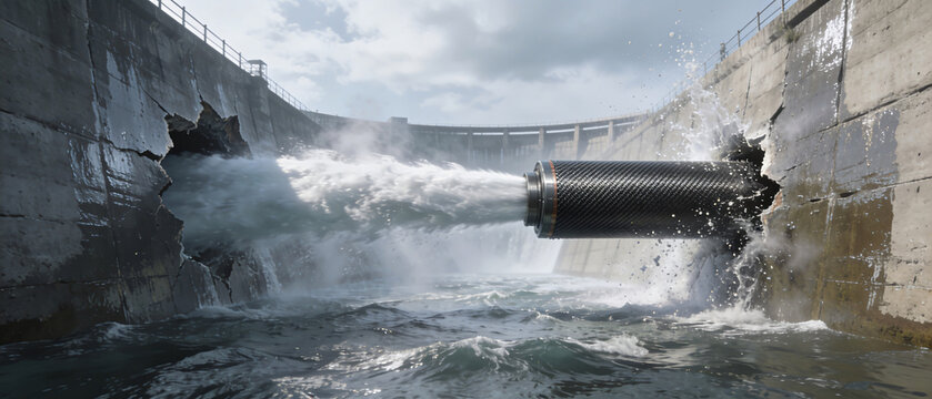 Powerful water release from a broken industrial concrete dam wall