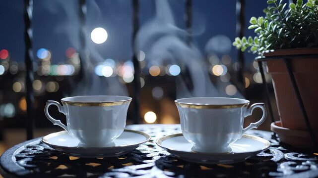 Two elegant porcelain teacups with gold trim on a dark table at night with city lights blurred background