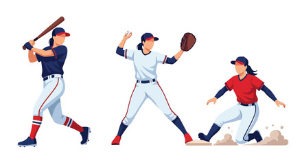 Obraz premium Set of Flat style vector of female baseball athletes participating in team sports and competitive activities. Perfect for sports branding, league graphics and active lifestyle themes
