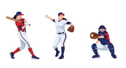 Obraz premium Set of Flat style vector of female baseball athletes participating in team sports and competitive activities. Perfect for sports branding, league graphics and active lifestyle themes