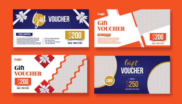 Bundle of elegant gift voucher designs in blue and orange shades featuring white ribbon bows and wave patterns for corporate branding and retail promotional campaigns with clear currency value space