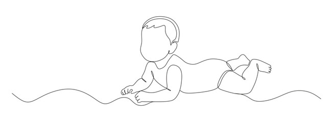 Fototapeta premium This image shows a minimalist continuous one-line drawing of a baby lying on their stomach, conveying a sense of innocence and gentle movement.