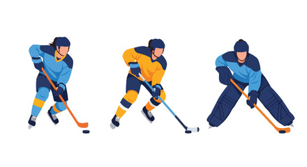Obraz premium Set of Flat style vector of female ice hockey athletes participating in winter sports and competitive activities. Perfect for sports promotions, club branding and fitness themes