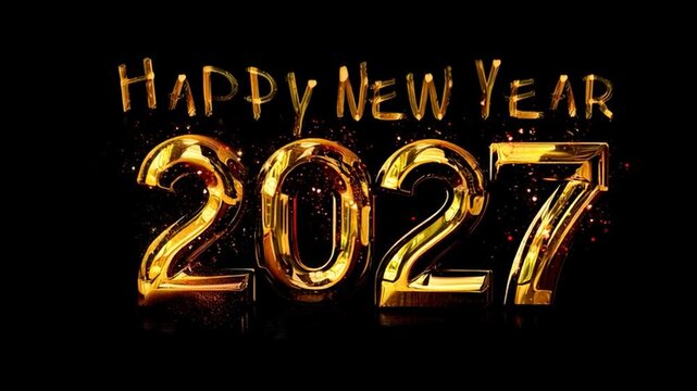 Happy New Year 2027" in huge golden metallic letters on a flat black surface, with fireworks in the background, golden sparks, New Year celebration, photorealistic.