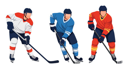 Fototapeta premium Set of Flat style vector of male ice hockey athletes participating in winter sports and professional competitions. Perfect for sports media, club graphics and recreation themes