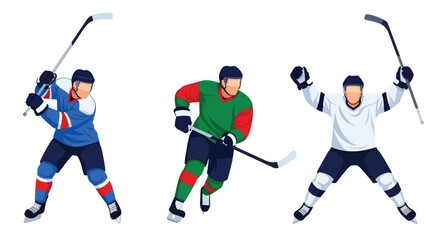 Fototapeta premium Set of Flat style vector of male ice hockey athletes participating in winter sports and professional competitions. Perfect for sports media, club graphics and recreation themes