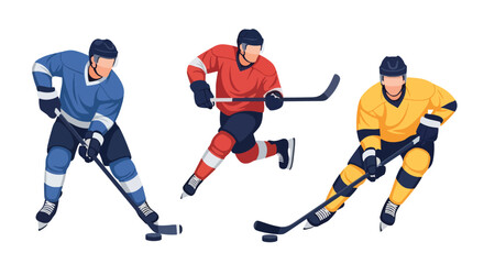 Obraz premium Set of Flat style vector of male ice hockey athletes participating in winter sports and professional competitions. Perfect for sports media, club graphics and recreation themes