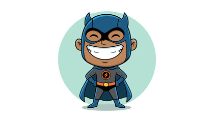 Happy child superhero cartoon mascot character wearing mask and cape © FatemaStock