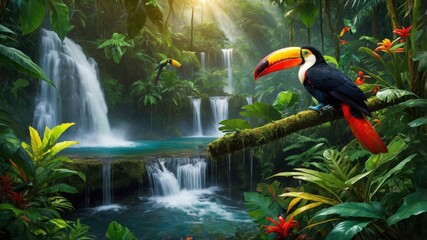 Fototapeta premium Vibrant toucan perched on a branch in a lush rainforest with cascading waterfalls in the background