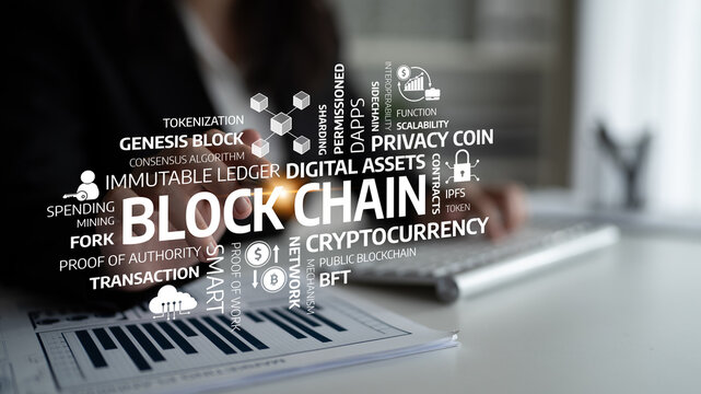 Visualize the essence of blockchain technology showcasing keywords such as cryptocurrency, digital assets, and tokenization amidst a professional business setting. Tessel