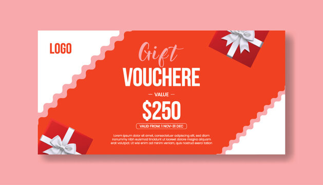 Elegant gift vouchere design with $250 value and valid from 1 november to 31 december for holiday season promotions and special occasions